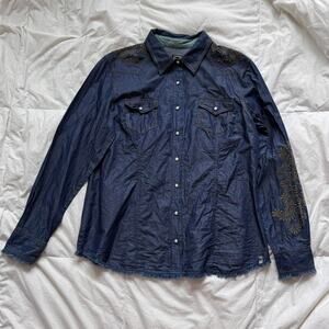 noble outfitters Dark wash chambray pearl snap shirt sz L gold velvet boho